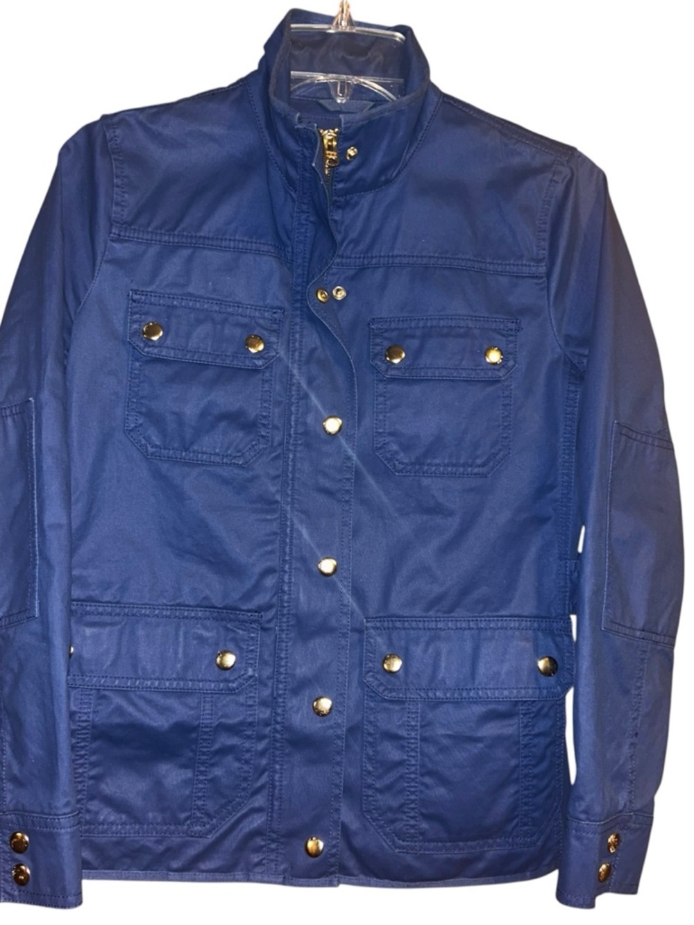 J.Crew womans blue Downtown Field Jacket waxed Barn Zip Snap Up Petite Small PS